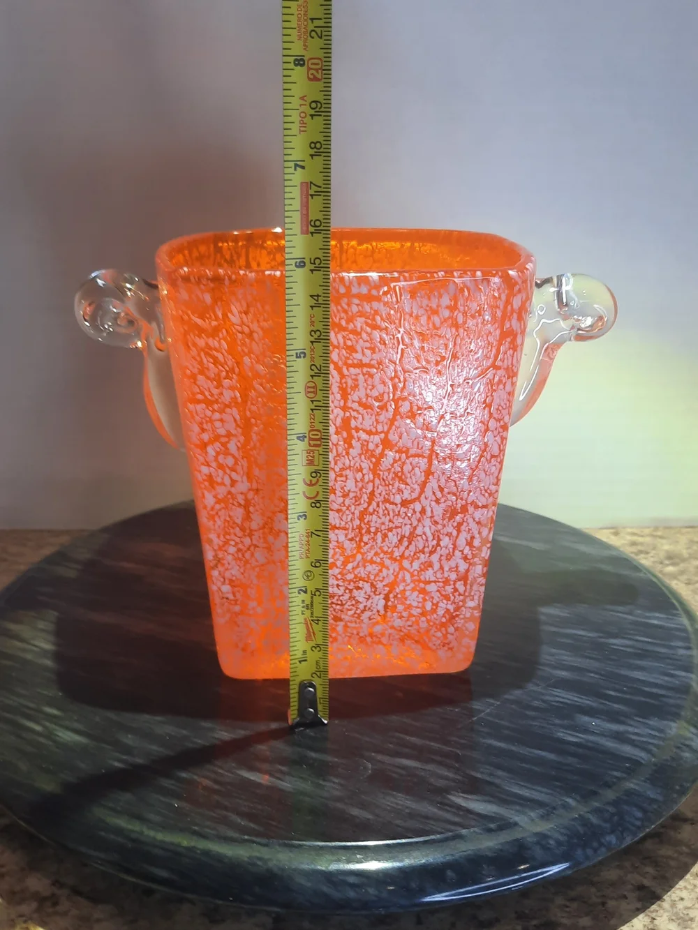 Orange Amberina Art Glass Ice Bucket with Clear Handles